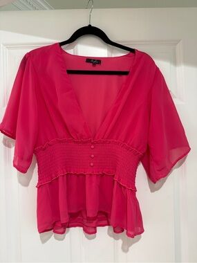 Kabina XL Hot Pink Chiffon Smocked Waist Flutter Sleeve Peplum Blouse Top